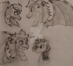 Size: 1920x1739 | Tagged: safe, artist:monse2001, imported from derpibooru, princess ember, rarity, spike, dragon, pony, unicorn, deviantart watermark, dragoness, emberspike, female, grayscale, male, monochrome, obtrusive watermark, older, older spike, shipping, smiling, sparity, straight, traditional art, watermark, winged spike, wings