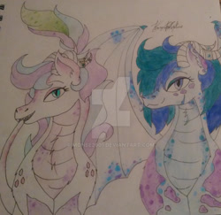 Size: 1024x996 | Tagged: safe, artist:monse2001, imported from derpibooru, dracony, dragon, hybrid, bust, deviantart watermark, duo, interspecies offspring, obtrusive watermark, offspring, parent:rarity, parent:spike, parents:sparity, signature, traditional art, watermark