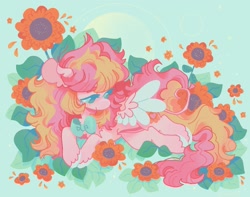 Size: 1653x1303 | Tagged: safe, artist:astroeden, imported from derpibooru, oc, oc only, oc:ninny, pegasus, bowtie, color porn, female, flower, heterochromia, lying down, mare, sunflower