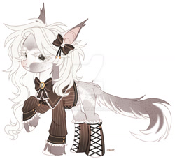 Size: 1024x932 | Tagged: safe, artist:miioko, imported from derpibooru, oc, oc only, earth pony, pony, bow, clothes, deviantart watermark, earth pony oc, hair bow, obtrusive watermark, raised hoof, simple background, solo, watermark, white background