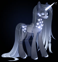 Size: 1024x1091 | Tagged: safe, artist:miioko, imported from derpibooru, oc, oc only, pony, unicorn, black background, deviantart watermark, eyes closed, female, glowing, glowing horn, horn, mare, obtrusive watermark, simple background, solo, unicorn oc, watermark