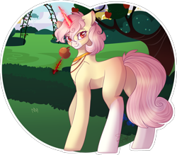 Size: 2191x1917 | Tagged: safe, artist:stormcloud-yt, imported from derpibooru, oc, oc only, pony, unicorn, apple, base used, butt, candy apple (food), food, glowing, glowing horn, horn, magic, outdoors, plot, simple background, solo, telekinesis, transparent background, unicorn oc