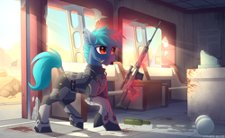 Size: 3504x2160 | Tagged: safe, artist:strafe blitz, imported from derpibooru, oc, oc only, pony, unicorn, glowing, glowing horn, gun, horn, magic, raised hoof, slim, solo, svd, telekinesis, unicorn oc, weapon