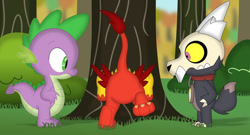 Size: 1219x656 | Tagged: safe, artist:porygon2z, imported from derpibooru, spike, oc, oc:heatwave, dragon, griffon, broken horn, butt, collar, crossover, griffon oc, horn, king clawthorne, male, pet tag, plot, porygon2z's trio, show accurate, skull, stuck, the owl house, titan, trio, trio male