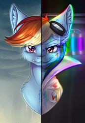 Size: 1024x1481 | Tagged: safe, artist:maneblue, imported from derpibooru, rainbow dash, pegasus, pony, fanfic:rainbow factory, bust, clothes, duality, ear fluff, eyelashes, fanfic art, female, goggles, lab coat, mare, rainbow factory dash, smiling, split screen