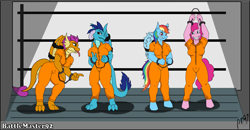 Size: 2073x1078 | Tagged: safe, artist:battlemaster92, imported from derpibooru, pinkie pie, princess ember, rainbow dash, smolder, anthro, dragon, bound wings, breasts, clothes, dragoness, female, jumpsuit, lizard breasts, prison outfit, prisoner ember, prisoner pp, prisoner rd, prisoner smolder, wings