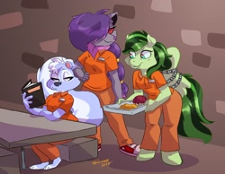 Size: 2175x1686 | Tagged: safe, artist:croxovergoddess, imported from derpibooru, oc, oc:eden shallowleaf, anthro, skunk, zoroark, book, bound wings, cafeteria, chains, clothes, food, furry, jail, muffin, pokémon, prison, prison outfit, prisoner, table, tray, wings