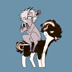 Size: 1024x1024 | Tagged: safe, artist:silkytea-cafe, imported from derpibooru, oc, oc only, goat, pegasus, pony, blue background, coat markings, duo, looking back, pegasus oc, ponies riding ponies, riding, simple background, socks (coat markings)