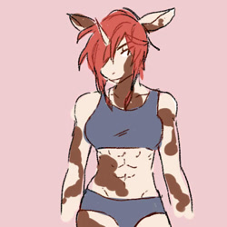 Size: 512x512 | Tagged: safe, artist:silkytea-cafe, imported from derpibooru, oc, oc only, anthro, unicorn, abs, bra, clothes, crop top bra, female, gray underwear, horn, panties, pink background, simple background, solo, underwear, unicorn oc