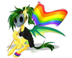 Size: 1325x1073 | Tagged: safe, artist:kaikururu, imported from derpibooru, oc, oc only, oc:joke plant, oc:kaikururu, bat pony, pony, bat pony oc, bat wings, clothes, ear piercing, female, gay pride flag, hoof hold, mare, mask, piercing, pride, pride flag, simple background, solo, transparent background, wings