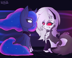 Size: 4200x3400 | Tagged: safe, artist:superhypersonic2000, imported from derpibooru, princess luna, alicorn, demon, demon pony, hellhound, pony, crossover, duo, duo female, female, hellhound pony, helluva boss, looking at each other, looking at someone, loona (helluva boss), ponified, red sclera