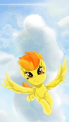 Size: 1080x1920 | Tagged: safe, artist:kirdim4ik, imported from derpibooru, spitfire, pegasus, pony, cloud, female, flying, lens flare, looking at you, mare, sky background, smiling, smiling at you, solo, spread wings, wings