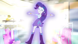 Size: 3410x1920 | Tagged: safe, imported from derpibooru, screencap, rarity, equestria girls, friendship games, boots, bracelet, clothes, cute, cutie mark on clothes, eyes closed, female, glowing, hairpin, high res, jewelry, raribetes, shoes, smiling, solo