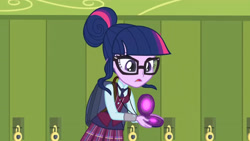 Size: 3410x1920 | Tagged: safe, imported from derpibooru, screencap, sci-twi, twilight sparkle, equestria girls, friendship games, backpack, female, glasses, high res, lockers, magic capture device, open mouth, solo