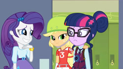 Size: 3410x1920 | Tagged: safe, imported from derpibooru, screencap, applejack, rarity, sci-twi, twilight sparkle, equestria girls, friendship games, backpack, female, glasses, grin, hairpin, high res, lockers, magic capture device, smiling, trio