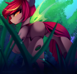 Size: 3840x3673 | Tagged: safe, artist:shavurrr, imported from derpibooru, oc, oc only, changeling, butt, commission, day, eyebrows, eyelashes, female, grass, high res, looking at you, looking back, looking back at you, mare, nature, outdoors, plot, red changeling, sky, solo, tail, tail wag, tree, underhoof, wings