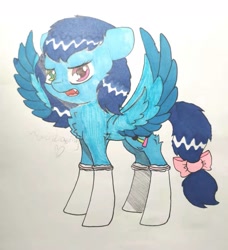 Size: 1279x1401 | Tagged: safe, artist:rainbowwing, imported from derpibooru, oc, oc only, oc:cloudwest, oc:云西, pegasus, pony, bow, chest fluff, clothes, ears back, fangs, frown, hair bow, heterochromia, lace, male, multicolored eyes, open mouth, shy, simple background, socks, solo, spread wings, tail, tail bow, traditional art, white socks, wings