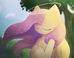 Size: 2550x2000 | Tagged: safe, artist:miryelis, imported from derpibooru, fluttershy, pegasus, big ears, cute, eyes closed, flower, flower in hair, forest, forest background, halo, long hair, smiling, solo, wings