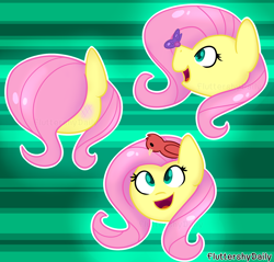 Size: 1694x1621 | Tagged: safe, artist:azure-quill, artist:fluttershydaily, imported from derpibooru, fluttershy, bird, butterfly, pony, blushing, green background, hair over eyes, simple background, smiling, solo