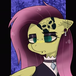 Size: 2048x2048 | Tagged: safe, artist:usapipoyoyo, imported from derpibooru, fluttershy, pegasus, pony, alternate hairstyle, bust, clothes, ear piercing, earring, eyeshadow, female, fluttergoth, goth, jacket, jewelry, lidded eyes, makeup, mare, necklace, piercing, solo, wings