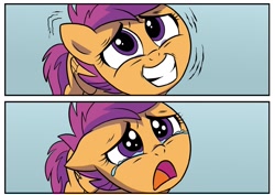 Size: 1877x1327 | Tagged: safe, artist:nanook123, idw, imported from derpibooru, scootaloo, pegasus, pony, spoiler:comic93, comic, cropped, crying, female, filly, foal, forced smile, sad, season 10, smiling