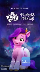Size: 828x1472 | Tagged: safe, imported from derpibooru, pipp petals, pegasus, pony, adorapipp, asmr, calm.com, cute, female, g5, instagram, instagram story, mare, official, open mouth, open smile, pony history, princess for a day, smiling, solo
