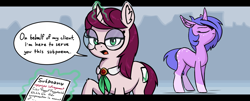 Size: 1500x606 | Tagged: safe, artist:shydale, imported from derpibooru, oc, oc:checkbox, oc:startrail, pony, unicorn, abstract background, coat markings, collar, ear fluff, faggot, freckles, glasses, magic, paper, single panel, socks (coat markings), speech bubble, telekinesis, text, vulgar