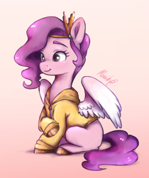 Size: 2322x2763 | Tagged: safe, artist:buttersprinkle, imported from derpibooru, pipp petals, pegasus, pony, adorapipp, clothes, cute, eyebrows, eyelashes, feathered wings, female, g5, gradient background, hoodie, mare, my little pony: a new generation, partially open wings, signature, simple background, smiling, solo, wings