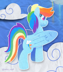 Size: 1120x1280 | Tagged: safe, artist:talimingi, imported from derpibooru, rainbow dash, pegasus, pony, cloud, female, folded wings, hooves, mare, on a cloud, outline, signature, smiling, solo, standing, standing on a cloud, tail, white outline, wings