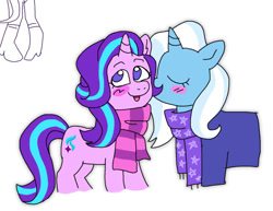 Size: 640x495 | Tagged: safe, artist:phobohobo, imported from derpibooru, starlight glimmer, trixie, pony, unicorn, blushing, clothes, eyes closed, female, lesbian, nuzzling, scarf, shipping, simple background, smiling, startrix, striped scarf, white background