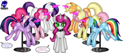 Size: 9600x4154 | Tagged: safe, artist:damlanil, imported from derpibooru, applejack, fluttershy, pinkie pie, rainbow dash, rarity, twilight sparkle, oc, oc:peony, alicorn, earth pony, pegasus, pony, unicorn, bondage, clothes, collar, comic, crystal horn, encasement, fake horn, female, horn, i have no mouth and i must scream, inanimate tf, latex, link in description, magic, magic aura, mannequin, mannequin tf, mare, no mouth, objectification, pedestal, petrification, ponyquin, rubber, shiny, show accurate, simple background, speech bubble, story, story included, text, transformation, transparent background, twilight sparkle (alicorn), vector