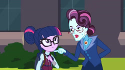 Size: 3410x1920 | Tagged: safe, imported from derpibooru, screencap, principal abacus cinch, sci-twi, twilight sparkle, equestria girls, friendship games, backpack, canterlot high, duo, duo female, female, glasses, high res, magic capture device, open mouth