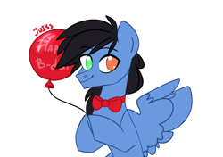 Size: 3072x2160 | Tagged: safe, artist:juiss, imported from derpibooru, oc, oc only, oc:glorious shark, pegasus, pony, balloon, eyebrows, eyebrows visible through hair, happy birthday, heterochromia, high res, hoof hold, pegasus oc, signature, simple background, smiling, solo, spread wings, white background, wings