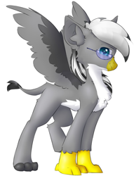 Size: 827x1080 | Tagged: artist needed, safe, imported from derpibooru, oc, oc only, griffon, chest fluff, ear fluff, full body, glasses, griffon oc, simple background, solo, spread wings, standing, white background, wings