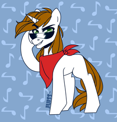 Size: 2073x2160 | Tagged: safe, artist:juiss, imported from derpibooru, oc, oc only, pony, unicorn, abstract background, bandana, eyebrows, eyebrows visible through hair, full body, glasses, grin, high res, hooves, horn, music notes, raised eyebrow, signature, smiling, solo, standing, sunglasses, unicorn oc