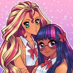 Size: 1080x1080 | Tagged: safe, artist:tiramichi, imported from derpibooru, sci-twi, sunset shimmer, twilight sparkle, human, bow, cardigan, close-up, clothes, curly hair, dark skin, duo, duo female, female, g4, glasses, gradient background, humanized, instagram, lesbian, looking at you, purple eyes, scitwishimmer, shipping, smiling, sparkles, straight hair, sunsetsparkle, turquoise eyes, uniform