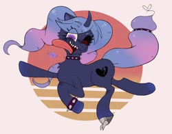 Size: 2048x1608 | Tagged: safe, artist:usapipoyoyo, imported from derpibooru, oc, oc only, oc:poyomi, pony, spider, unicorn, collar, female, heart, horn, long tongue, looking at you, mare, open mouth, sharp teeth, simple background, solo, spiked collar, spiked wristband, teeth, tongue out, white background, wristband