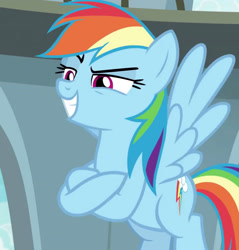 Size: 1920x2008 | Tagged: safe, imported from derpibooru, screencap, rainbow dash, pegasus, pony, daring doubt, season 9, cropped, crossed hooves, female, flying, grin, lidded eyes, mare, raised eyebrow, smiling, solo, spread wings, wings