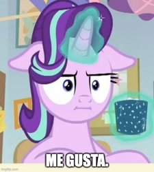 Size: 500x556 | Tagged: safe, edit, edited screencap, imported from derpibooru, screencap, starlight glimmer, pony, unicorn, marks for effort, :i, caption, chocolate, cropped, drink, empathy cocoa, female, floppy ears, food, hot chocolate, i mean i see, image macro, imgflip, levitation, magic, mare, me gusta, meme, solo, telekinesis, text