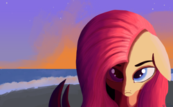 Size: 4530x2800 | Tagged: safe, artist:tazool, imported from derpibooru, fluttershy, pegasus, pony, beach, female, looking at you, mare, solo, sunset