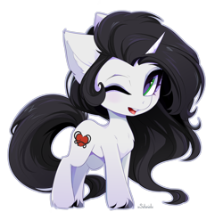 Size: 3240x3200 | Tagged: safe, artist:xsatanielx, imported from derpibooru, oc, oc only, oc:reinina hazard, pony, unicorn, chest fluff, cute, ear fluff, female, full body, high res, hooves, horn, mare, one eye closed, open mouth, signature, simple background, smiling, solo, standing, tail, transparent background, unicorn oc, unshorn fetlocks, wink