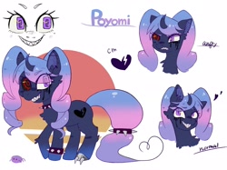 Size: 2048x1534 | Tagged: safe, artist:usapipoyoyo, imported from derpibooru, oc, oc only, oc:poyomi, pony, spider, unicorn, angry, bust, collar, cutie mark, female, full body, heart, horn, looking at you, mare, reference sheet, sharp teeth, simple background, solo, spiked collar, spiked wristband, teeth, text, white background, wristband