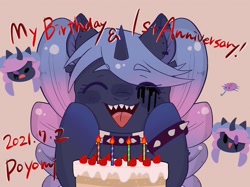 Size: 2048x1534 | Tagged: safe, artist:usapipoyoyo, imported from derpibooru, oc, oc only, oc:poyomi, pony, spider, unicorn, 2021, angry, birthday, birthday cake, cake, candle, collar, eye clipping through hair, eyebrows, eyebrows visible through hair, eyes closed, female, food, happy, happy birthday, hat, horn, mare, open mouth, party hat, party horn, sharp teeth, simple background, spiked collar, spiked wristband, strawberry, teeth, text, wristband