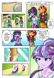 Size: 1800x2572 | Tagged: safe, artist:candyclumsy, artist:enadoodles, artist:mlp-cam, imported from derpibooru, sci-twi, starlight glimmer, sunset shimmer, twilight sparkle, comic:equestria girls curse and madness, equestria girls, background human, breasts, canterlot high, cleavage, comic, female, male, speech bubble