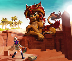 Size: 2400x2029 | Tagged: safe, artist:harwick, imported from derpibooru, sunset shimmer, twilight sparkle, sphinx, equestria girls, building, canteen, clothes, desert, duo, egyptian, female, fur, giantess, hat, human coloration, macro, map, nyanset shimmer, oasis, palm tree, pith helmet, sand, species swap, sphinxified, teeth, treasure map, tree