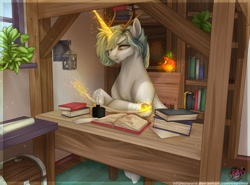 Size: 1280x947 | Tagged: safe, artist:copshop, imported from derpibooru, oc, oc only, pony, unicorn, apple, book, bookshelf, chest, food, inkwell, lantern, magic, male, plant, quill, solo, stallion