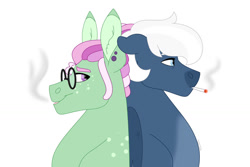 Size: 1280x854 | Tagged: safe, artist:itstechtock, imported from derpibooru, oc, oc only, oc:herbal remedy, oc:snowfall smoking, pony, cigarette, glasses, male, offspring, parent:double diamond, parent:night glider, parent:tree hugger, parents:nightdiamond, simple background, stallion, white background