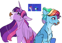 Size: 1311x907 | Tagged: safe, artist:horsecrimes, artist:uunicornicc, imported from derpibooru, rainbow dash, twilight sparkle, alicorn, pegasus, pony, alternate design, chest fluff, collaboration, colored wings, crossover, crossover shipping, facial markings, female, freckles, lesbian, male, mordecai, mordetwi, multicolored wings, pale belly, regular show, shipping, simple background, straight, twidash, twilight sparkle (alicorn), white background, wings
