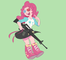 Size: 1039x950 | Tagged: safe, artist:avirextin, imported from derpibooru, pinkie pie, equestria girls, 3d glasses, assault rifle, glasses, green background, gun, looking at you, m16, one eye closed, open mouth, open smile, rifle, simple background, smiling, smiling at you, solo, weapon