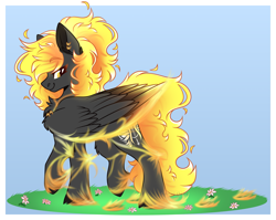 Size: 2517x2000 | Tagged: safe, artist:krypticquartz, imported from derpibooru, oc, oc only, oc:veen sundown, pegasus, pony, female, flower, glow, grass, mare, pegasus oc, piercing, simple background, solo, sundown clan, watermark, wings